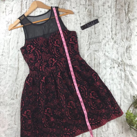 [Trixxi] Velvet Lace Print Mesh Flocked Skater Dress Size M Medium - Picture 5 of 10